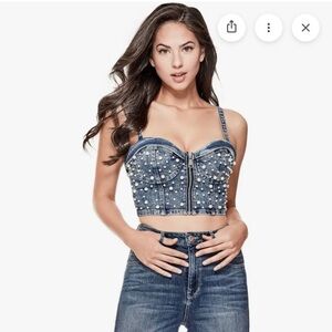 GUESS Women's Denim Faux Pearl Crop Top